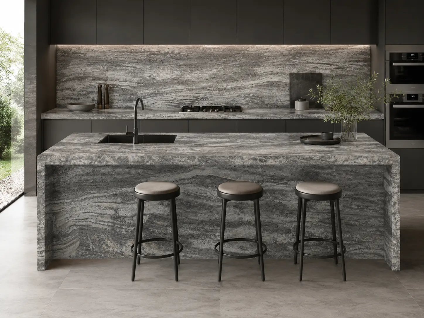 Graphite Silver Travertine Kitchen Island and bechtop
